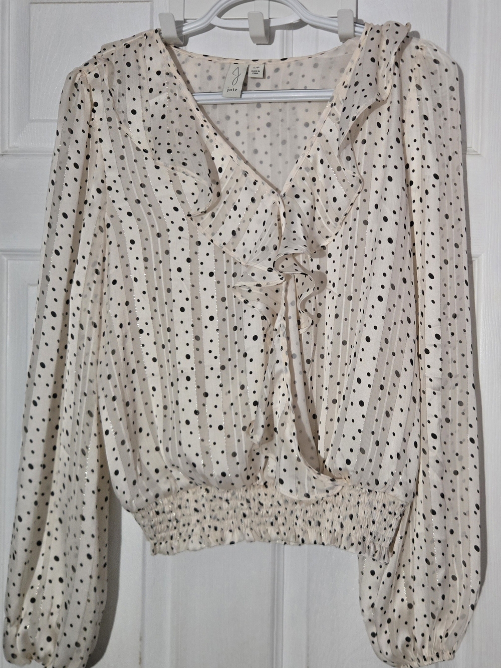 Joie Cream Blouse with Black Polka Dots and Ruffle V-Neck